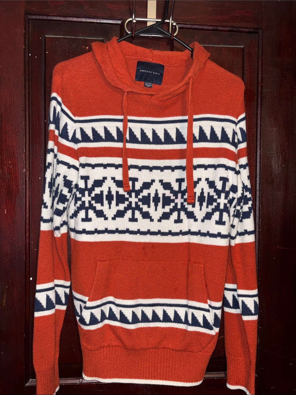 American Eagle Outfitters Orange and Navy Patterned Crewneck Hoodie Sweater